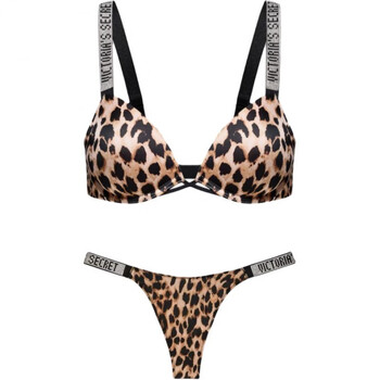 Victoria's secret all-over print v-neck bra low-waist leopard print soft t-string underwear set women's set (brown) xs 32b+(70b+xs)