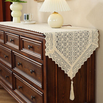 Fantasy imitation cotton thread hollow crochet table runner dining table tablecloth coffee table mat tv cabinet chest of drawers cover cloth crochet phoenix tail lace sharp corners 42cm wide 150cm long suitable for 90110 table/cabinet
