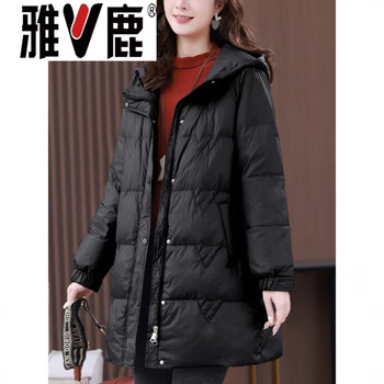 Yalu hooded down jacket women's mid-length 2026 new winter korean style loose thickened mother's white duck down jacket trendy black xl suitable for about 128-140 pounds