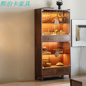 Xiboka black walnut nordic solid wood glass wine cabinet display cabinet storage cabinet light luxury bookcase living room wall tv side cabinet north american black walnut + light strip double door