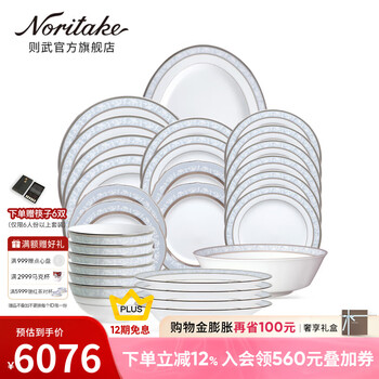 Noritake brunswick japanese pastoral style chinese tableware set household plates for 6 people, food for 6 people (f type platinum rim 28 pieces)