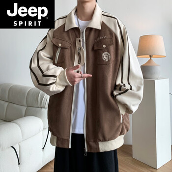 Jeep spirit american lazy chic jacket men's spring, autumn and winter contrast stripe lapel jacket 2025 new baseball uniform brown l 115 to 130 pounds. add to favorites for priority delivery