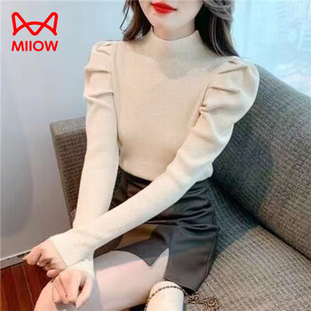 Catman (miiow) sheep, cashmere sweater women's pullover half turtleneck slim sweater with sheep temperament, thick wool bottoming sweater autumn apricot 7-star sheep y cashmere family one size good elasticity 85-135 pounds