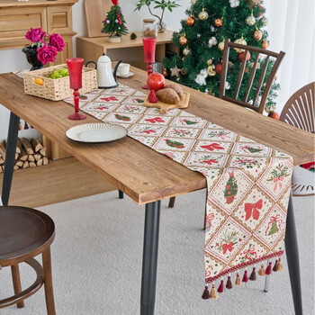 Meiyueshe table flag christmas table center tablecloth 2025 new light luxury high-end american retro style flag cloth sideboard cover cloth jacquard gold silk bow new red tassel 33-120