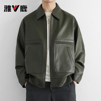 Yalu men's leather jacket spring and autumn american lapel casual men's top trendy retro loose coach leather jacket