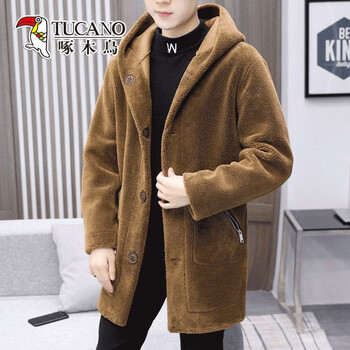 Woodpecker (tucano) fur one-piece coat, grain velvet cotton coat and velvet jacket, men's mid-length lamb plush coat, autumn and winter windbreaker t05 camel hooded style reversible xl 125-140 pounds
