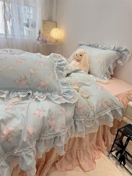 Yusen yi luhe home girl's heart princess lace small floral cotton four-piece set bedskirt type pure cotton bed sheet summer love song fitted sheet type 5-1.5m bed suitable for quilt core 200x230cm