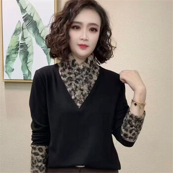 Autumn and winter new warm leopard print splicing casual sweatshirt for women, versatile long-sleeved shirt, temperament slimming bottoming shirt for women, black 5xl (recommended 150-165 pounds)