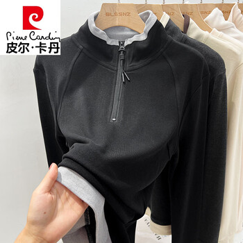 Pierre cardin contrasting color half-zip long-sleeved t-shirt autumn and winter women's warm spliced upper half turtleneck german velvet bottom shirt for women black double-sided german velvet warm xl