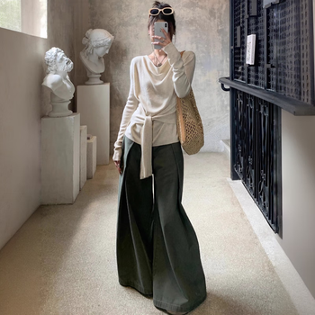 Yiran presents french style strappy waist swung collar long-sleeved bottoming shirt for women in autumn and winter with design sense niche tops t-shirt for women oatmeal color m recommended 95-110 pounds