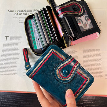 Other/other oil wax leather short small wallet card holder two-in-one bag women's exquisite folding niche design large capacity multiple card slots cyan 17 card slots