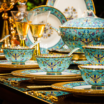 Porcelain xiong jingdezhen high-end household enamel color dishes set chinese palace style tableware complete set hotel club display sapphire blue | enamel color high-end leather case 80-piece set