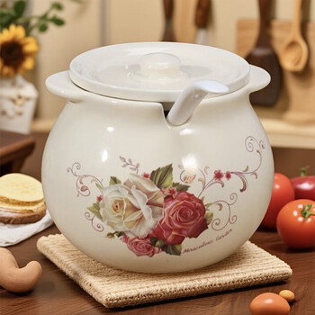 Guanglong zhimei ceramic lard jar with covered spoon chili jar large capacity spicy oil jar home kitchen high temperature resistant seasoning jar large-huakai fugui lard jar (about 1500ml)