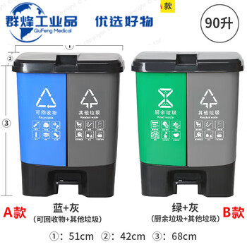 Garbage classification trash can two-in-one small two-color bucket with lid, dry and wet separation, commercial recyclable 90l double bucket blue recyclable + gray others required