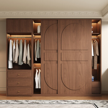 Jianmu oak all solid wood mid-century style home bedroom french walnut sliding door wardrobe hanging area combination 810 total length 1.6 meters 1.0 meter sliding door wardrobe + 0.6 meter hanging area 2.3 meters high - enf maternal and child grade environmentally friendly antibacterial oak