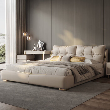 Enmufan 2026 new leather bed modern simple italian light luxury internet celebrity master bedroom down large soft backpack high-end wedding bed first layer cowhide bed + bedside table*2 2000mmx2200mm x frame structure