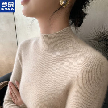 Romon half turtleneck bottoming shirt for you 2025 new slim fit long-sleeved autumn and winter knitted sweater bottoming shirt for women beige s 80-90 catties