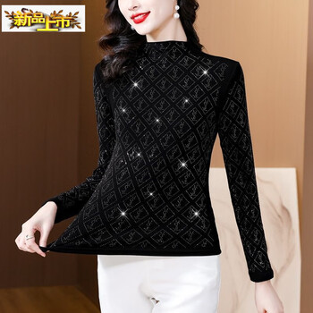 Spring and autumn style high-end fashion hot diamond design half turtleneck plus velvet black all-match western style top bottoming shirt black without velvet 3xl 130-140 catties