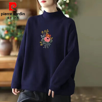 Pierre cardin double-sided german velvet half turtleneck autumn and winter new long-sleeved literary large size loose pullover top plus velvet bottoming shirt navy blue lucky flower l recommended within 100 pounds