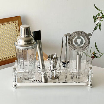 Complete stainless steel mixer set, shaker cup, shaker, cocktail bartending tools, hand-made lemon tea, milk tea, glass scale bartending set (nine-piece set) + storage shelf