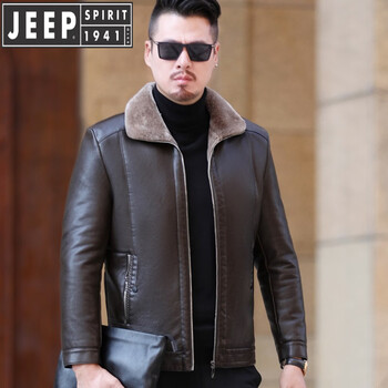 Jeep spirit leather jacket new style 2025 men's winter lapel plus velvet leather jacket versatile coat with fur in one green m 170/84a