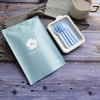 Han chang disposable cake knife and fork plate set biodegradable 4-in-1 high-end thickened birthday plate set, 100 sets of dishes and candles 100 sets of 5 thick plate blue forks and spoons