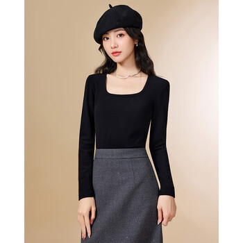Ief/aiyifu 2025 new winter style simple solid color casual square collar inner versatile slim warm base layer black m