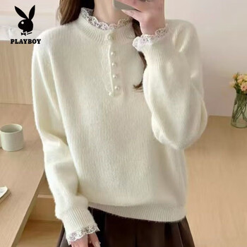 Playboy (playboy) mink velvet sweater lace stitching pearl buttons thickened autumn and winter new loose large size warm base shirt top off-white s 80-95