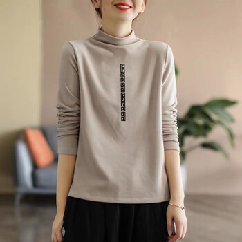 Hengyuanxiang korean large size fat m girl versatile long-sleeved double-sided german velvet half turtleneck bottoming shirt with velvet inner stand-up collar t-shirt for women, apricot black vertical-long back type l recommended 90-110 pounds