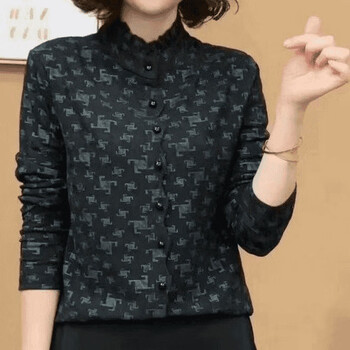 Old money style relaxed women's elegant 2025 new bottoming shirt autumn and winter plus velvet stand collar mother's pullover top black 2xl recommended 105-120 catties