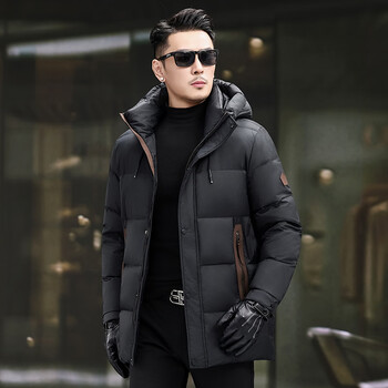 Yaya 2025 winter new hooded down jacket men's medium-length white duck down thickened warm fashionable casual cold-proof jacket black m 170 (recommended 115-130 catties)