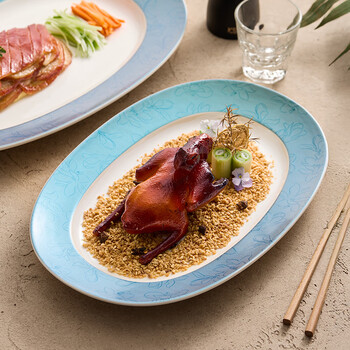 Chidu fish plate large ceramic shallow oval dish plate club exquisite plate cold dish plate hotel special steamed fish plate 14-inch peninsula dan-shaped plate-fanhua