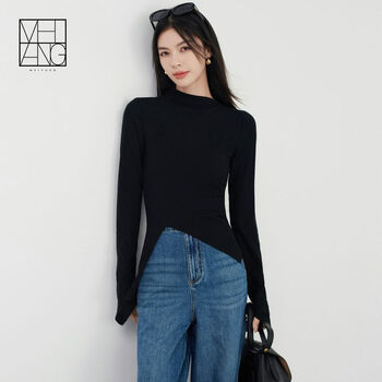 Meiyang bandage beauty top women's autumn double-sided needle side slit stand collar stretch slim bottoming top black s