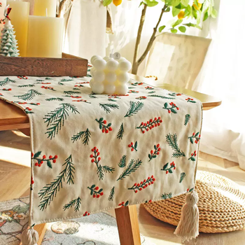 Yusenyi christmas atmosphere table flag sideboard cover cloth pastoral light luxury embroidery dining table cupboard tv cabinet shoe cabinet table mat berry branch double-sided embroidery 30x200cm