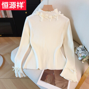 Hengyuanxiang beaded bow half turtleneck sweater for women autumn and winter high-end new year new year red temperament slim bottoming shirt apricot one size