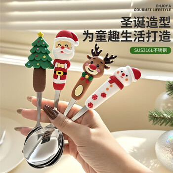 Ruoyu christmas spoon and fork tableware set creative tableware spoon dessert spoon and fork cartoon santa claus spoon and fork gift box santa claus two-piece set