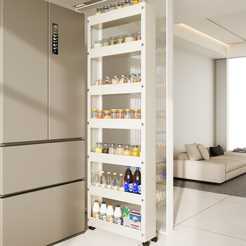 Youxi kitchen condiments slotted storage rack with wheels, refrigerator with very narrow gap behind side door, storage cabinet, pull-out trolley, stackable and detachable, milky white six layers, 12cm wide and 170cm high.