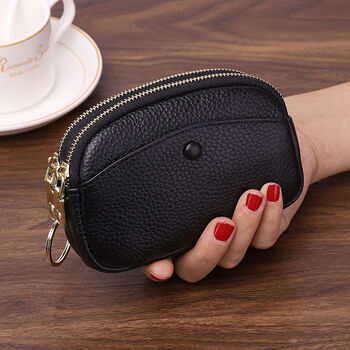 Cowhide hand coin purse double layer female keychain simple korean style small bag mom cute coin bag soft leather black