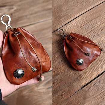 Boypole first layer cowhide coin purse retro handmade genuine leather simple car key bag multifunctional vegetable tanned coin purse pendant retro brown