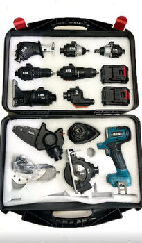 Bomuge craftsman's treasure all-round woodworking multi-functional set, ten functions in one set, small portable household worker, green version with ten working heads + two batteries and one charger