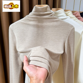 First diameter oatmeal color pile collar double-sided velvet brushed bottoming shirt for women, long-sleeved autumn and winter warm inner layering shirt, oatmeal color xl