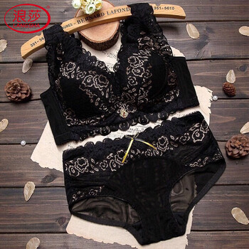 Langsha bra set underwear for women without rims, small breasts, gathered and thickened, sexy lace, zodiac year, new year red wedding bra 230# black set 75b 34