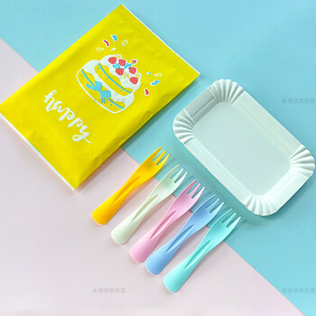 Yusenyi dinner plate cake tableware set birthday cake plate fork paper plate knife fork candle combination color set 10 plates 10 forks 60 sets