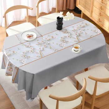 Junyuexi tablecloth, waterproof, oil-proof, no-wash 2025 new anti-scalding tablecloth, table mat, oval coffee table, light luxury feel, flower blossoms golden branch-ya gray 2.0 upgraded encryption cloth, waterproof and oil-proof, 140*220cm, suitable for 6 people rectangular/oval table x close