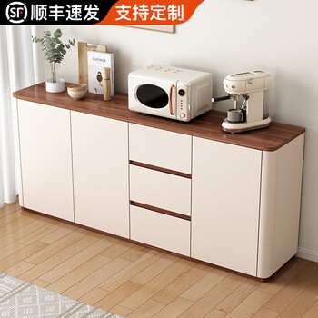 Yuanting solid wood sideboard integrated wall cabinet living room kitchen storage storage cabinet multi-functional tea cabinet tea side cabinet warm white + walnut countertop 140cm solid wood + arc corners (three doors and three drawers)