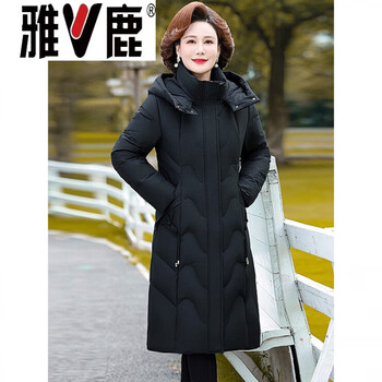 Yalu down jacket women's mid-length over knee middle-aged and elderly large size mother's wear thickened white duck down jacket winter black black (anti-drilling velvet technology) 5xl recommended 146-158 catties