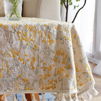 Yusenyi embroidered tablecloth rectangular beige coffee table cloth embroidered desk cover cloth beige embroidery-tassel style 100*160cm