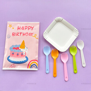 Yusenyi cute paper bag dinner plate knife and fork thickened square plate spoon fork candle cake tableware set color set 10 plates 10 forks 300 sets