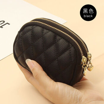 2024 new style first layer cowhide rhombus embroidery thread key ring buckle coin bag double zipper genuine leather small coin purse for women black first layer cowhide