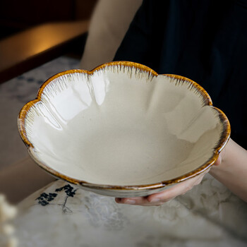 Youcci huang kraft retro petal shape large 9-inch open bowl restaurant ceramic dish bowl special fruit salad bowl 9-inch flower open bowl-huang kraft